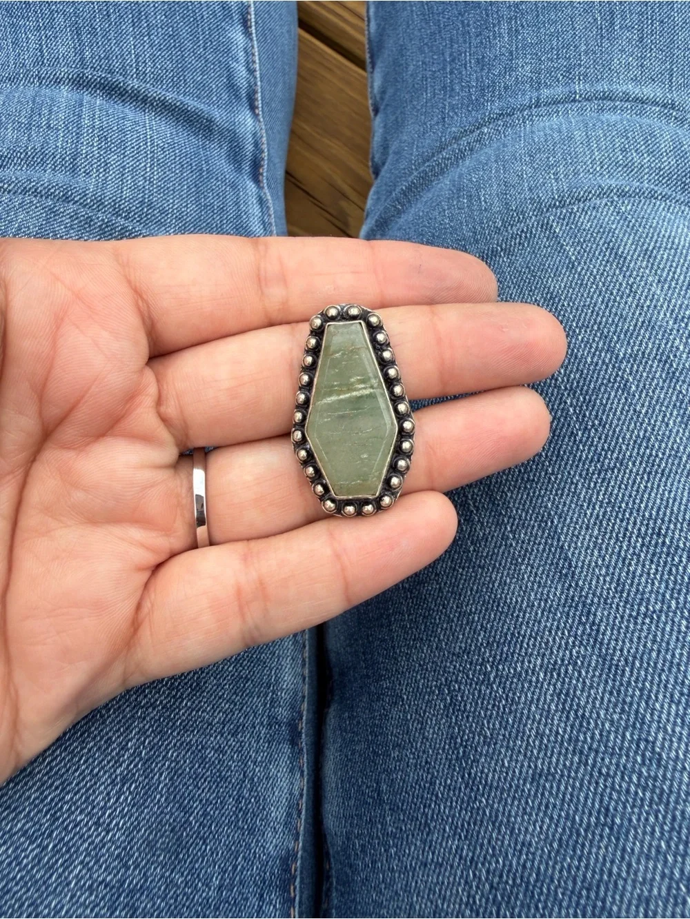 Hexagonal Green Stone Silver Beaded Ring Accent